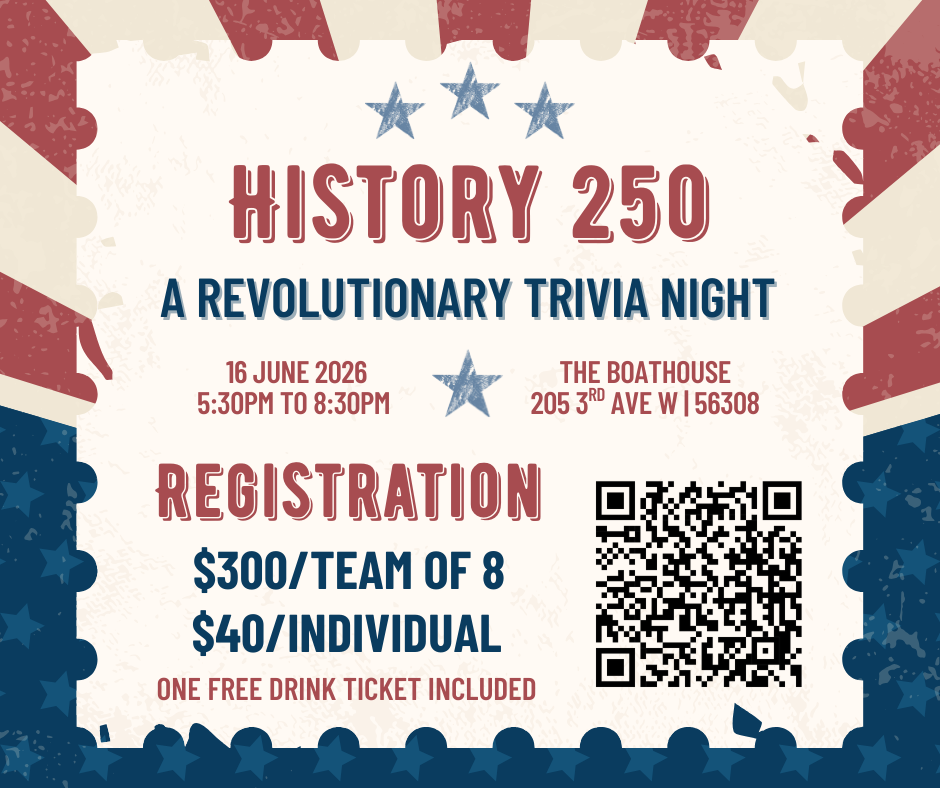 Patriotic-themed flyer for "History 250: A Revolutionary Trivia Night" on June 16, 2026, 5:30–8:30 PM at The Boathouse, with team and individual registration prices and a QR code for registration.