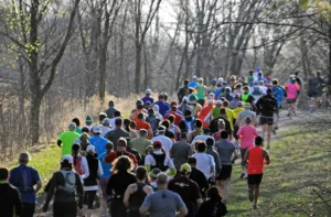 A large group of runners, wearing colorful athletic clothing, joins a lively ramble along a tree-lined trail in a park on a sunny day. The bare trees and sunlight filtering through suggest early spring or late autumn.