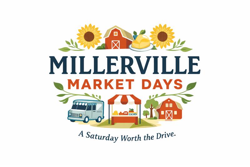 Logo for Millerville Market Days featuring sunflowers, red barns, a food truck, a vendor tent with produce, and the tagline "A Saturday Worth the Drive" celebrates the charm of Millerville Market.