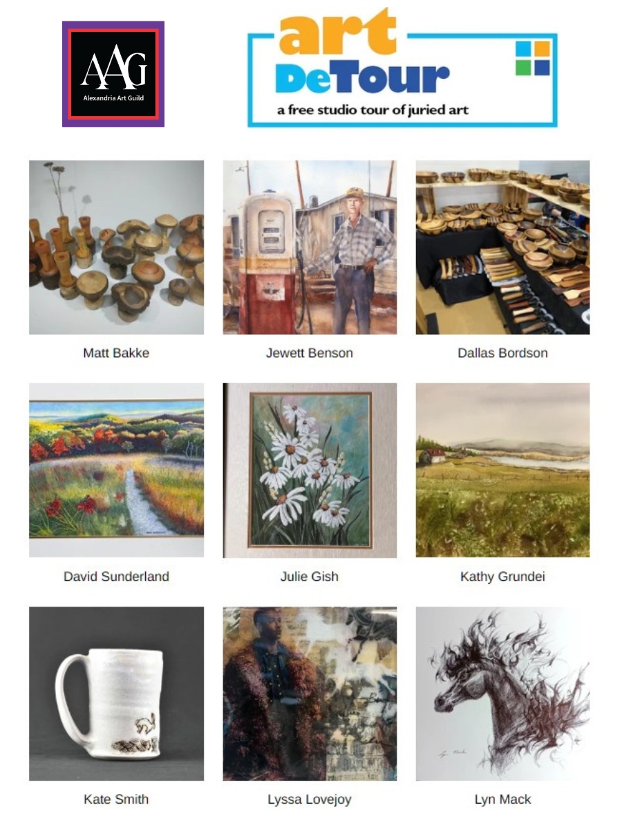 A collage featuring the Alexandria Art Guild logo, “art DeTour: a free studio tour of juried art,” nine artworks—including Melissa Werpy’s painting and a horse illustration—and each piece labeled with its artist’s name.