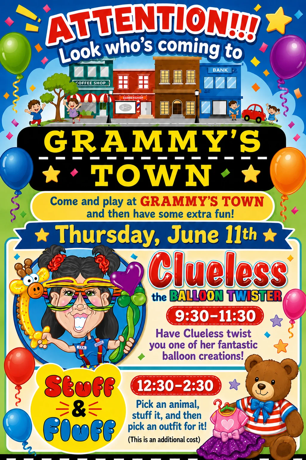 Colorful poster for “Grammy’s Town” event on June 11th, featuring Clueless the Clown the Balloon Twister, fun activities from 9:30–11:30, and a stuffed animal area with balloons, toys, and all event details.