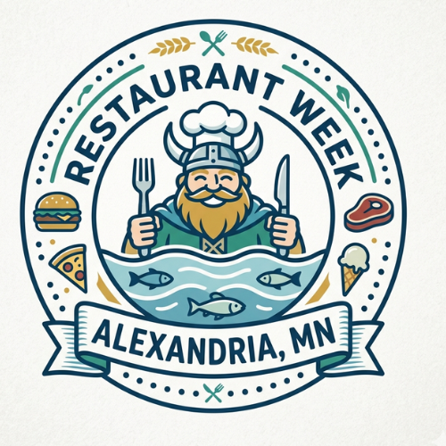 Logo for Alexandria Restaurant Week in Alexandria, MN, featuring a Viking chef holding a fork and knife, surrounded by food icons like a burger, steak, pizza, ice cream, and fish—perfectly capturing the delicious variety offered by Alexandria restaurants during Restaurant Week.