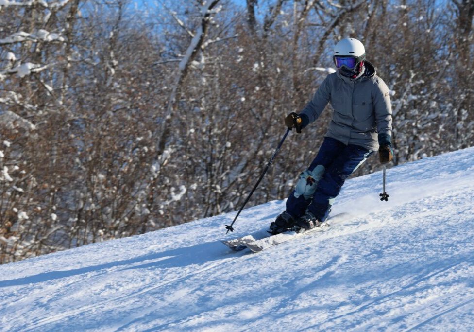 A person wearing a gray jacket, helmet, and goggles skis down a snowy slope at Andes Tower Hills on a sunny day, with bare trees in the background.