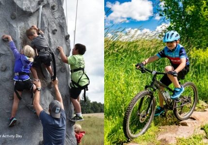 All About Youth: Children climb a rock wall with adult supervision on the left, while a child wearing a helmet rides a mountain bike on a rocky trail through grass and trees on the right.