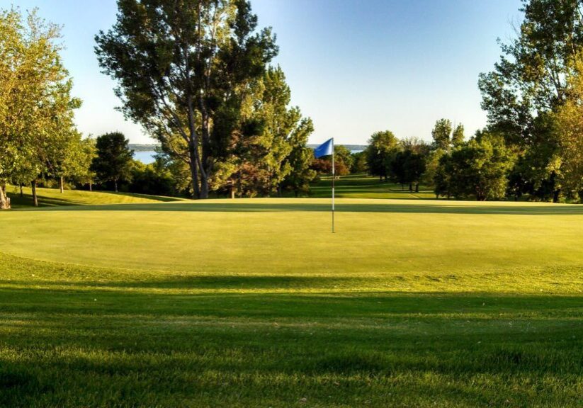 A sunny golf course green at Minnewaska Golf Club features a blue flag in the center, lush grass, trees, and a distant view of water under a clear sky.